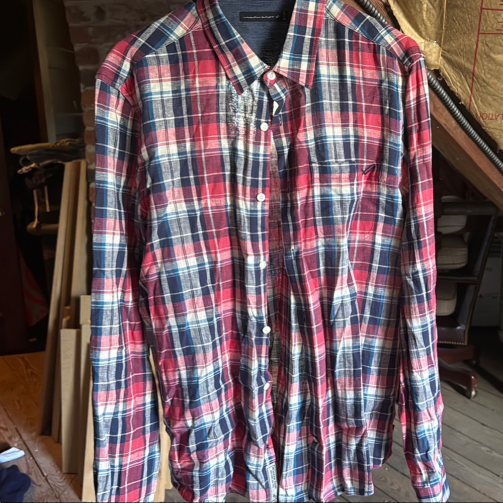 William Rast Red and Blue Casual Button Down Shirt